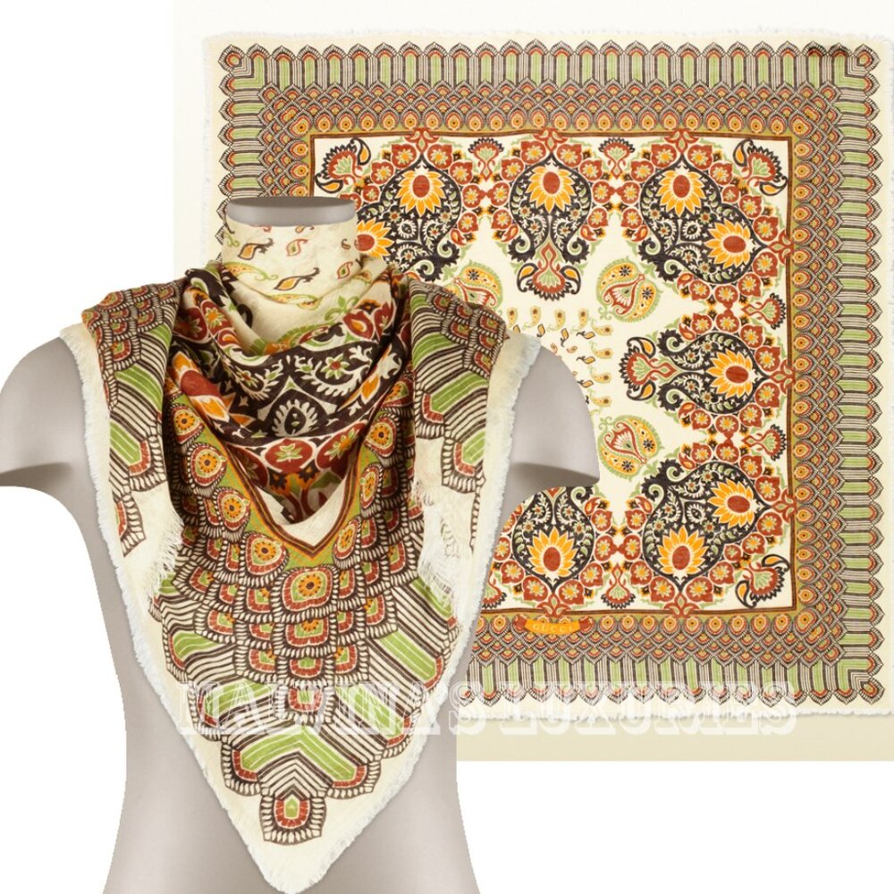 GUCCI SCARF SIGNATURE PAISLEY PRINT LINEN & COTTON SQUARE SHAWL 51" x 51"